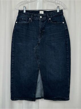 A New Day Womens Denim Midi Skirt Size 6/28R Dark Wash Stretchy Front‎ Slit